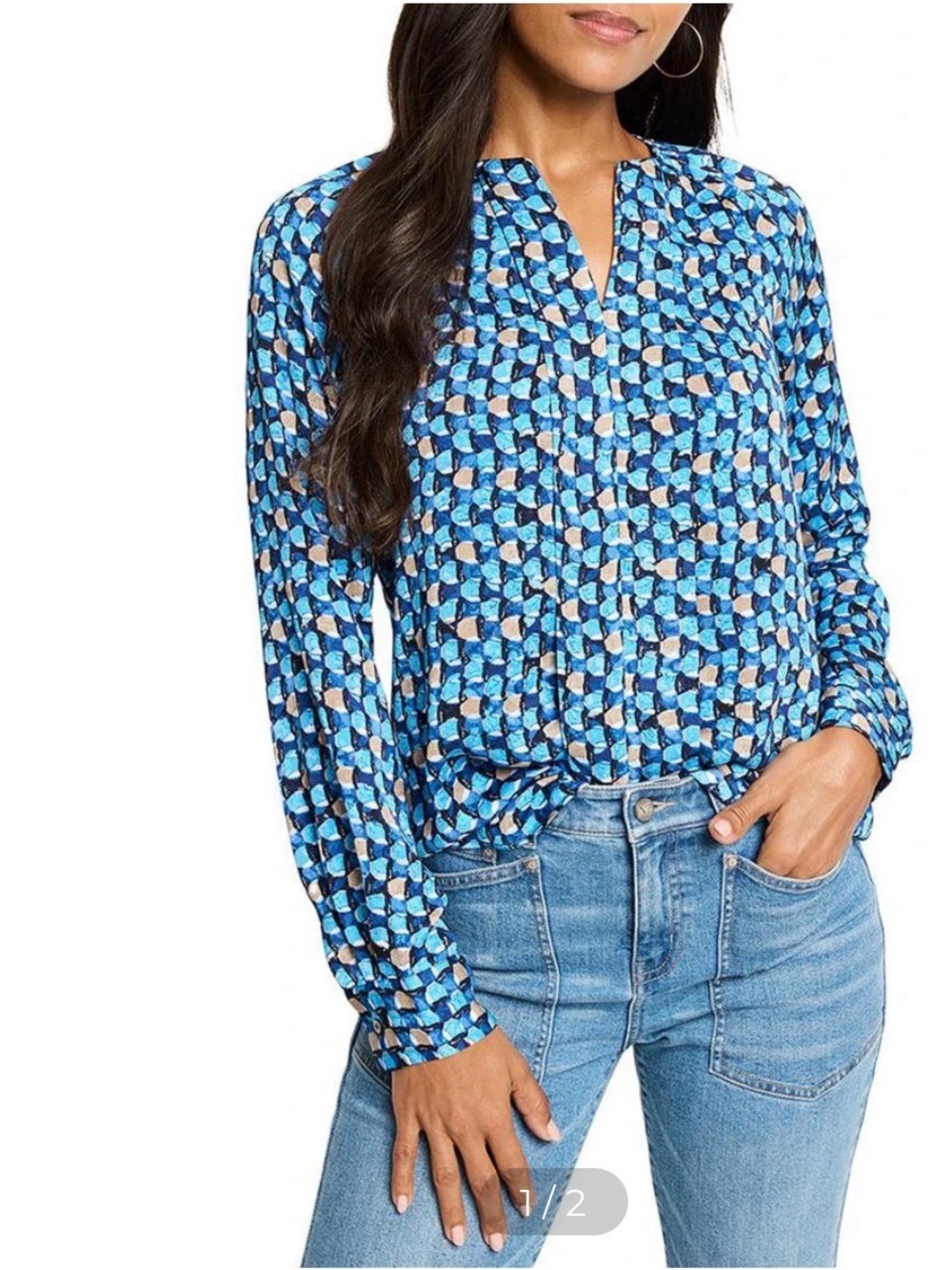 NIC+ZOE Blue Geometric Print Long-Sleeve Blouse